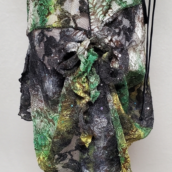 80s Rare Vintage Surprise Parties Green Tie-Dye Sheer Lace Lace-up Bustle Dress - Picture 9 of 16